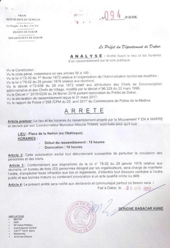 Voici l'Arrêté préfectoral n°094/P/D/DK du 06 avril 2017 autorisant le rassemblement initié par le Mouvement Y'EN A Marre.