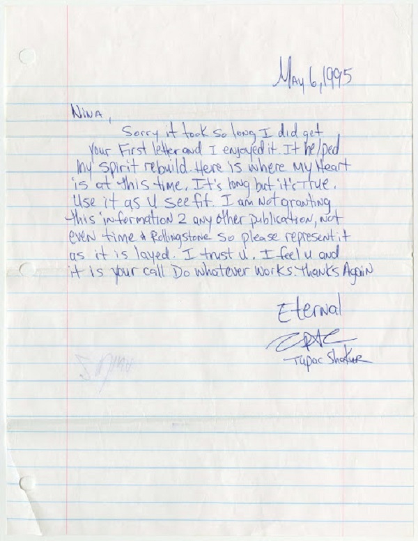 Une lettre écrite à la main de Tupac Shakur en prison vendue à plus de 170.000 $