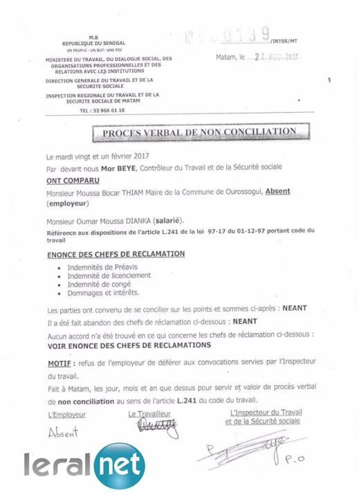 Enquête - Moussa Bocar Thiam, un «hors la loi » : Le maire de Ourossogui vire un agent et refuse de répondre à la convocation de l’Inspection du travail