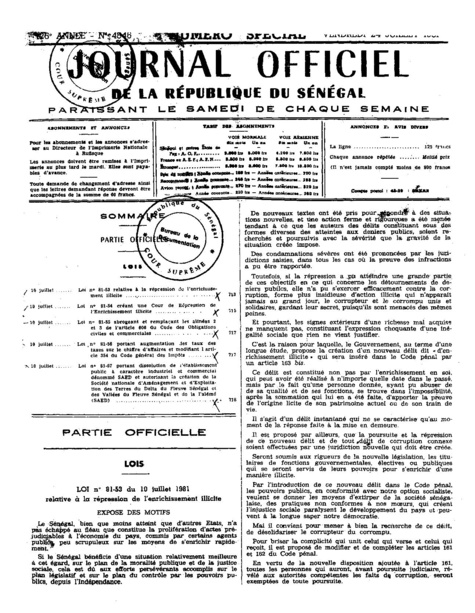 Lois n° 81-53 et n° 81-54 du 10 juillet 1981 relatives à la répression de l’enrichissement illicite : Les motivations d’Abdou Diouf  en 1981?