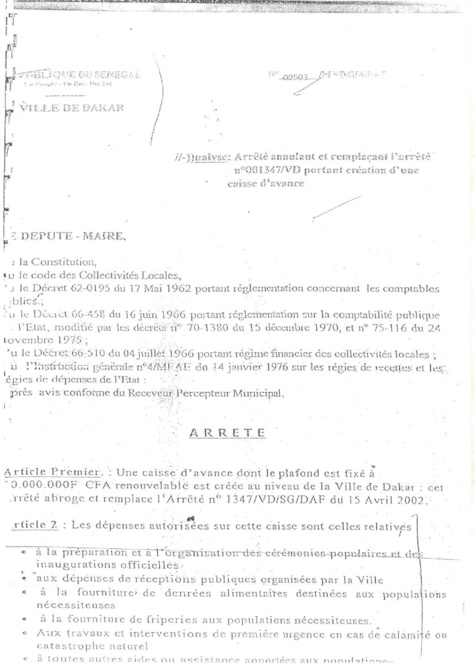 Caisse d’avance Mairie de Dakar : Voici quelques documents d'archives à valeur documentaire signés par l'ancien édile, Mamadou Diop