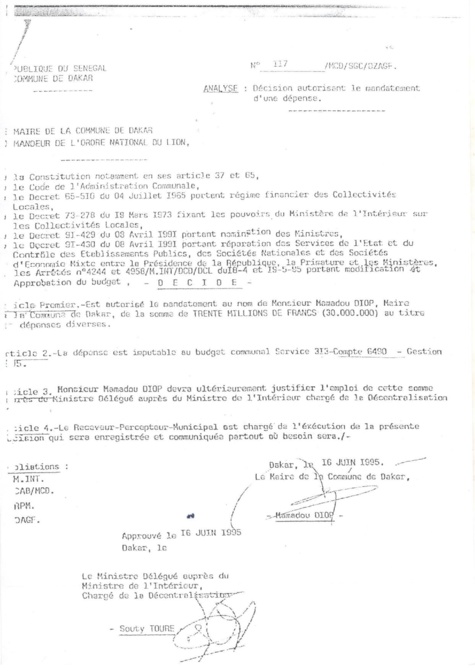 Caisse d’avance Mairie de Dakar : Voici quelques documents d'archives à valeur documentaire signés par l'ancien édile, Mamadou Diop