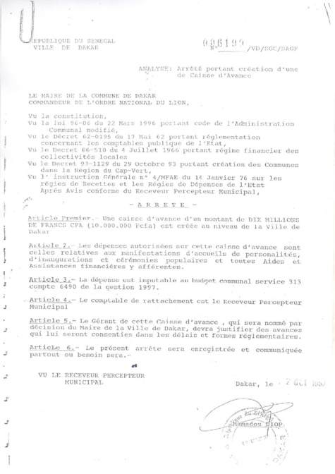 Caisse d’avance Mairie de Dakar : Voici quelques documents d'archives à valeur documentaire signés par l'ancien édile, Mamadou Diop