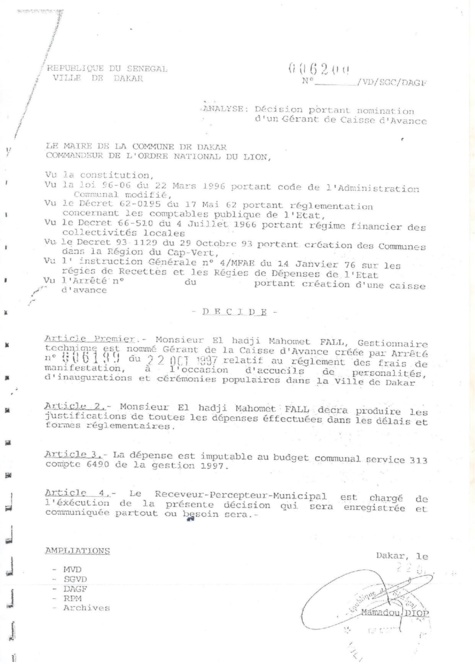 Caisse d’avance Mairie de Dakar : Voici quelques documents d'archives à valeur documentaire signés par l'ancien édile, Mamadou Diop