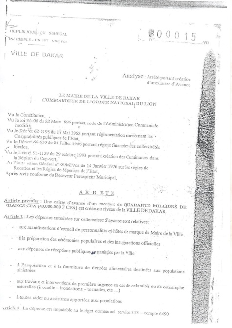 Caisse d’avance Mairie de Dakar : Voici quelques documents d'archives à valeur documentaire signés par l'ancien édile, Mamadou Diop