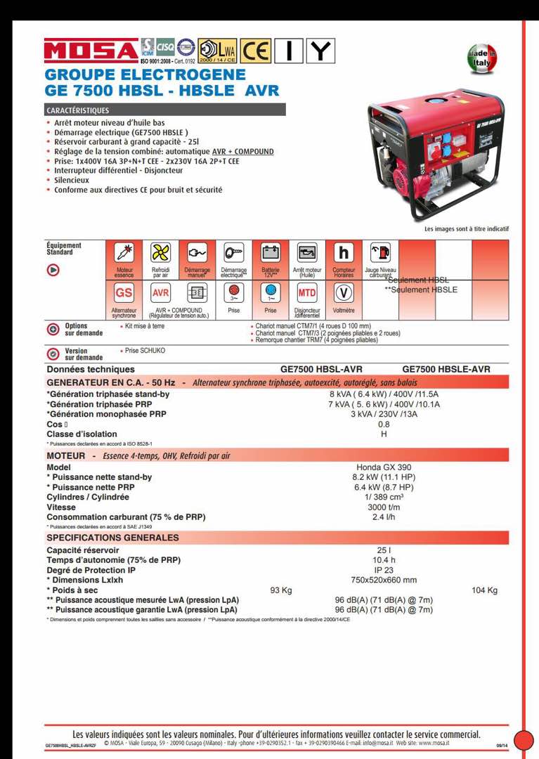 Groupe Électrogène G.E 7500 HBSL HBSLE AVR en Vente