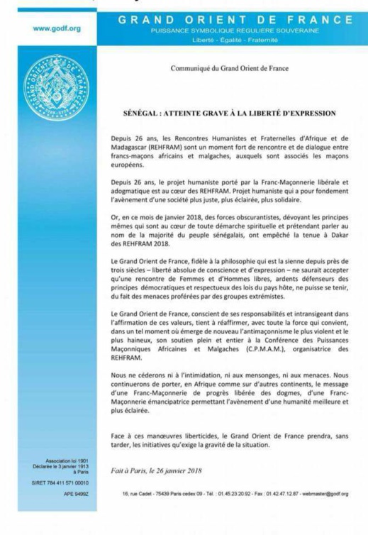 Annulation des Rehfram 2018 : La lettre incendiaire du Grand Orient de France contre le Sénégal