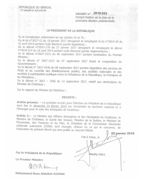 Décret n°2018-253 portant fixation de la date de l'élection présidentielle 2019 (Officiel)