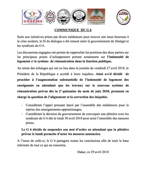 Documents - Le G 6 décide de suspendre son mot d’ordre : Dénouement de la crise scolaire, Macky Sall sauve le Sénégal d’une année blanche