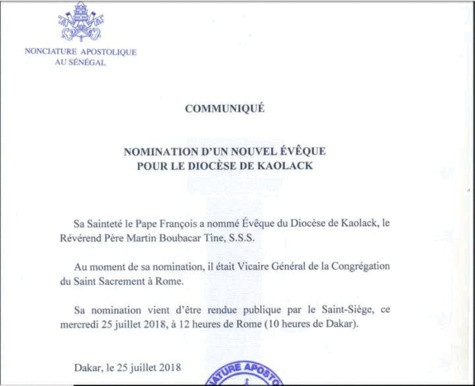 Nouvel évêque du diocèse de Kaolack : Révérend-Père Martin Boubacar Tine choisi par le Pape