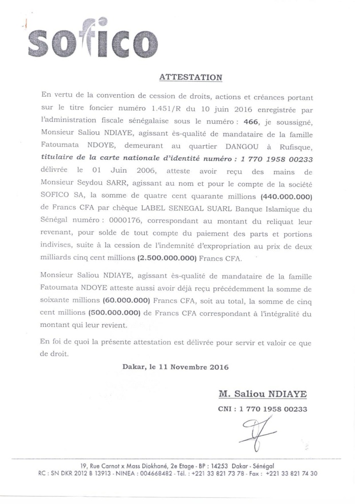 Enquête: Cabinet ATLAS SARL, Cabinet MERCALEX, TF 1452/R : Toute la vérité sur les 94 milliards Fcfa ( Documents ) 