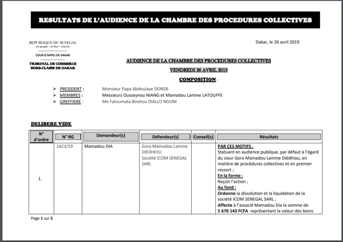 Le tribunal du Commerce ordonne la dissolution et la liquidation de la société ICOM SENEGAL SARL de Gora Mamadou L. Diédhiou et...