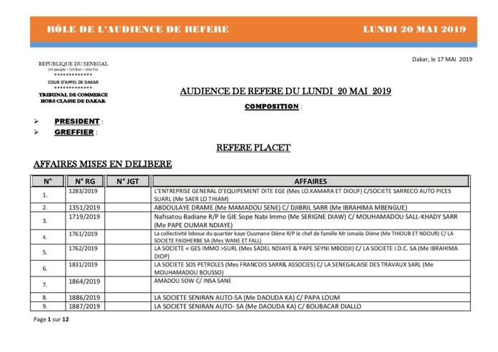 Rôle de l'audience de référé du Tribunal de Commerce hors classe de Dakar du 20 mai 2019