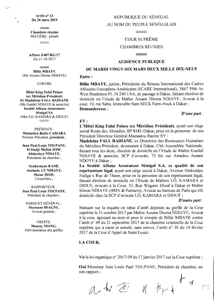 Cour suprême: La juriste Billie Mbaye déboutée de son procès contre Racine Sy et l’hôtel King Fahd Palace ( Documents )