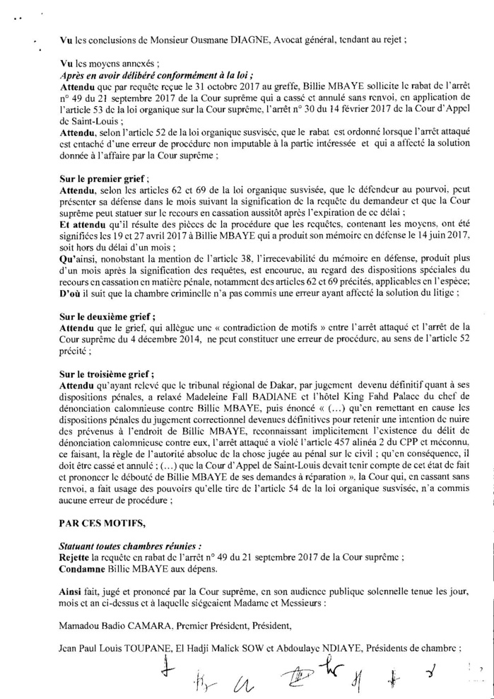 Cour suprême: La juriste Billie Mbaye déboutée de son procès contre Racine Sy et l’hôtel King Fahd Palace ( Documents )