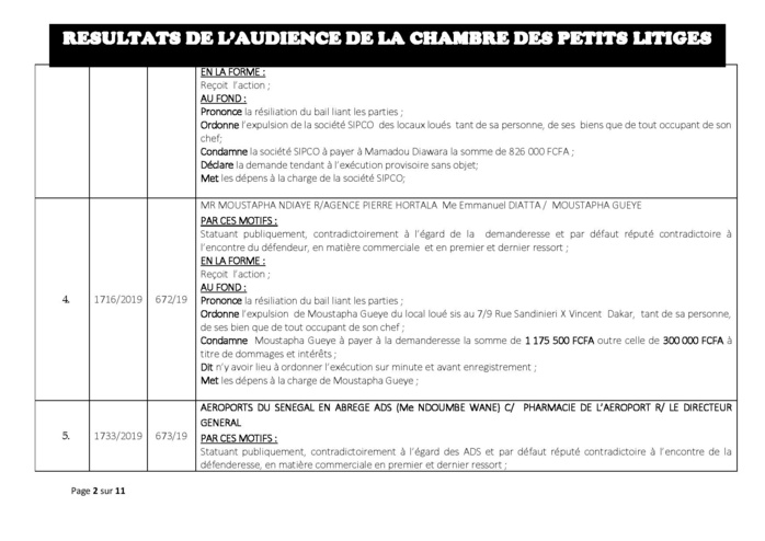 Délibérés vidés du 14 mai 2019 de la Chambre des petits litiges du tribunal du Commerce