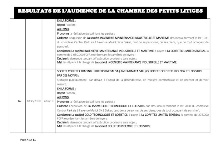 Délibérés vidés du 14 mai 2019 de la Chambre des petits litiges du tribunal du Commerce