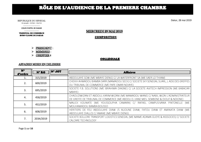 Rôle de l'audience de la Première Chambre du tribunal de Commerce de ce mercredi 29 mai 2019