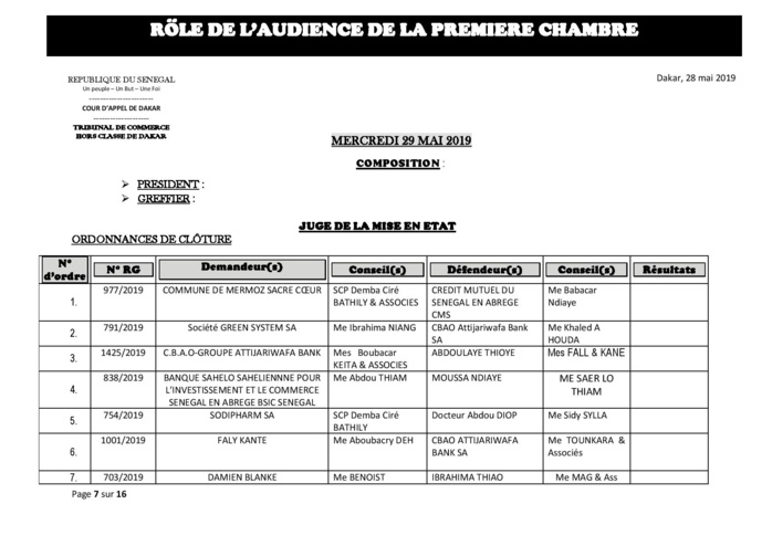 Rôle de l'audience de la Première Chambre du tribunal de Commerce de ce mercredi 29 mai 2019