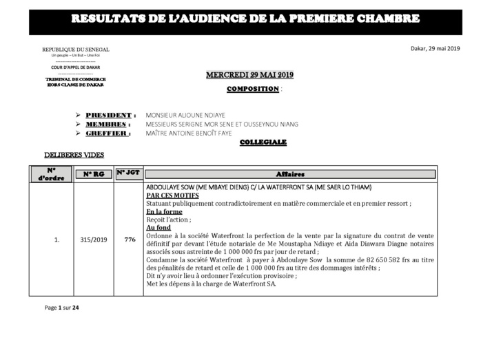 Délibérés des audiences de la Première Chambre du Tribunal de Commerce de Dakar de ce mercredi 29 mai 2019