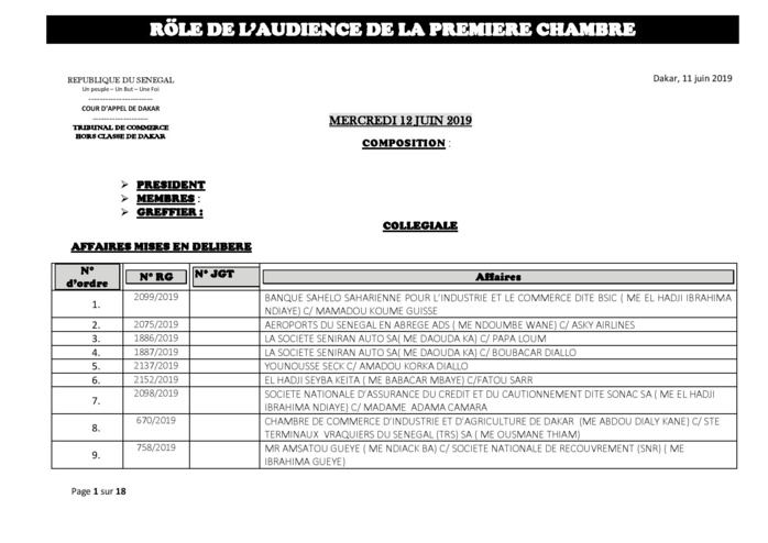 Rôle de l'Audience de la Première Chambre du tribunal du Commerce de ce mercredi 12 juin 2019