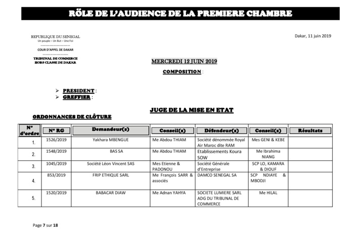 Rôle de l'Audience de la Première Chambre du tribunal du Commerce de ce mercredi 12 juin 2019