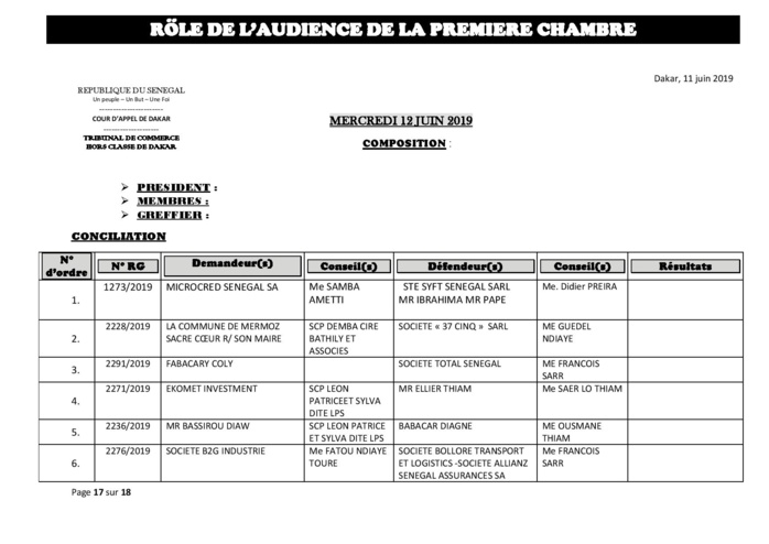 Rôle de l'Audience de la Première Chambre du tribunal du Commerce de ce mercredi 12 juin 2019