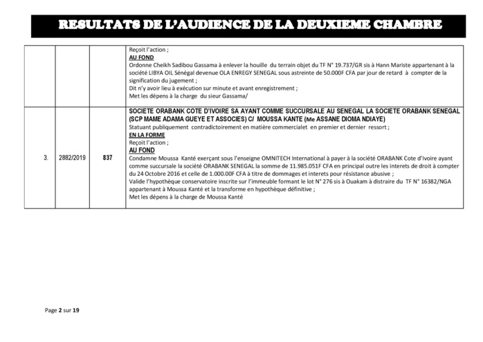 Délibérés de l'audience du Tribunal de Commerce de Dakar de ce jeudi 13 juin 2019