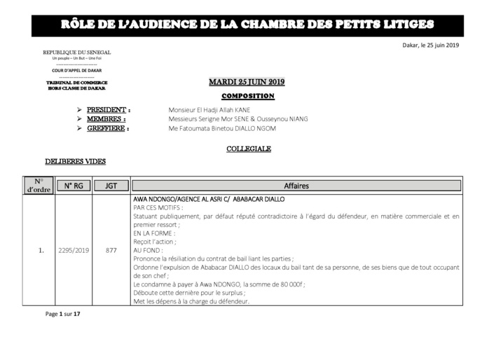 Délibérés des Audiences de la Chambre des Petits Litiges de ce mardi 25 juin 2019