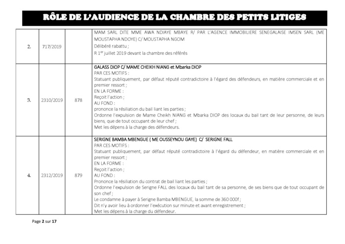 Délibérés des Audiences de la Chambre des Petits Litiges de ce mardi 25 juin 2019