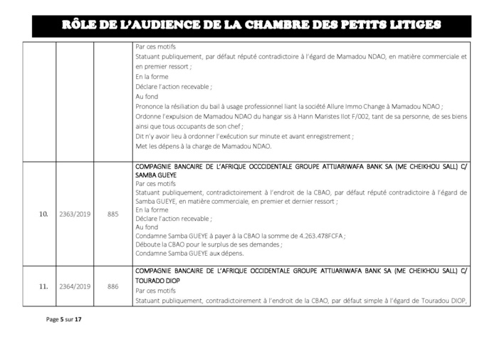 Délibérés des Audiences de la Chambre des Petits Litiges de ce mardi 25 juin 2019