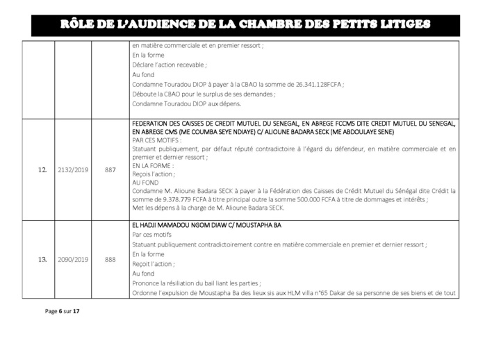 Délibérés des Audiences de la Chambre des Petits Litiges de ce mardi 25 juin 2019