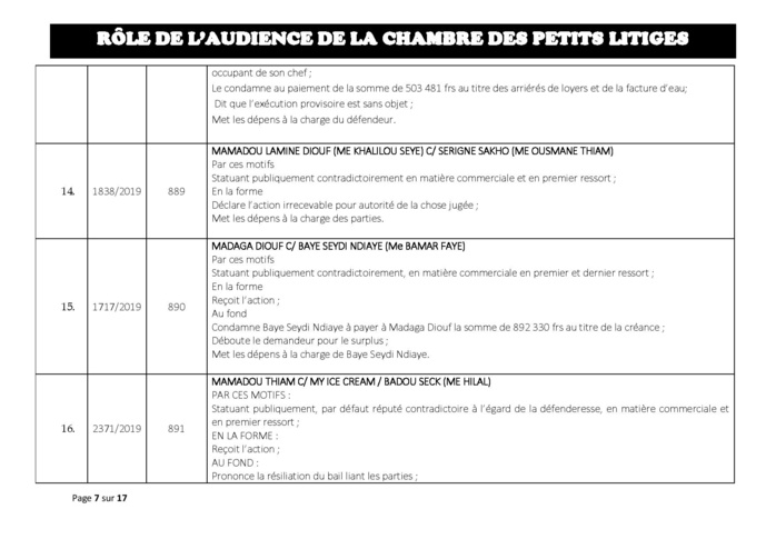 Délibérés des Audiences de la Chambre des Petits Litiges de ce mardi 25 juin 2019