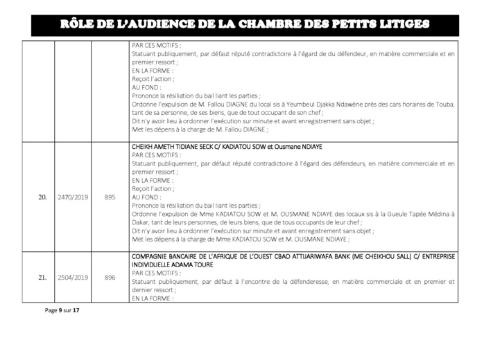 Délibérés des Audiences de la Chambre des Petits Litiges de ce mardi 25 juin 2019