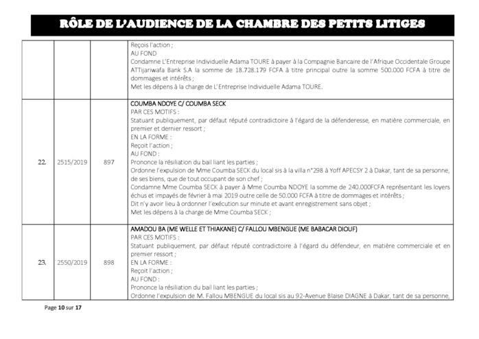 Délibérés des Audiences de la Chambre des Petits Litiges de ce mardi 25 juin 2019