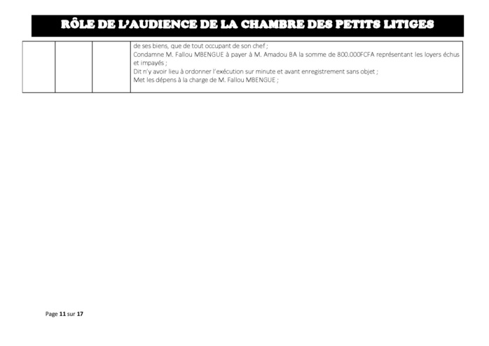 Délibérés des Audiences de la Chambre des Petits Litiges de ce mardi 25 juin 2019