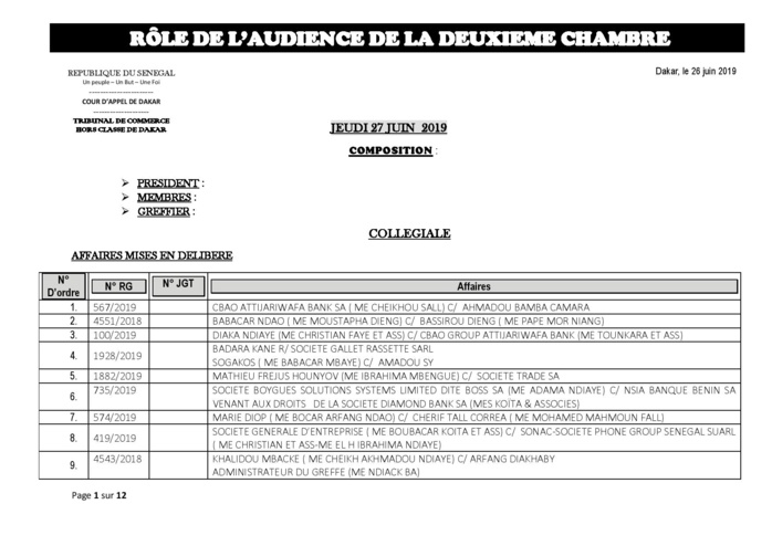 Tribunal du Commerce: Audiences de la 2e chambre de ce jeudi 27 juin 2019