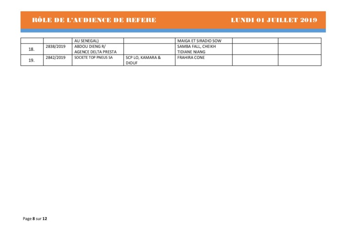 Audiences des Référés de ce lundi 01 juillet 2019