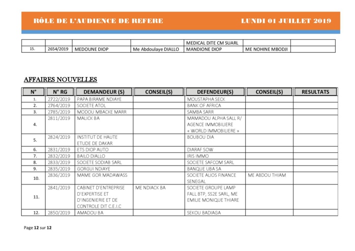 Audiences des Référés de ce lundi 01 juillet 2019