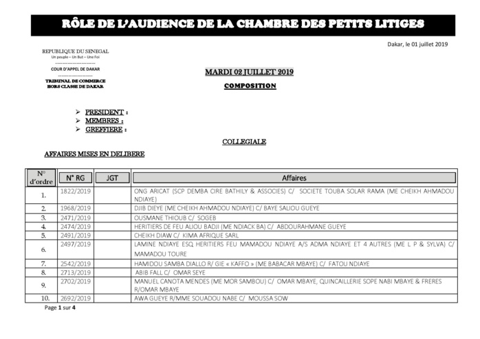 Tribunal du Commerce : Audiences de la Chambre des Petits Litiges de ce mardi 2 juillet 2019