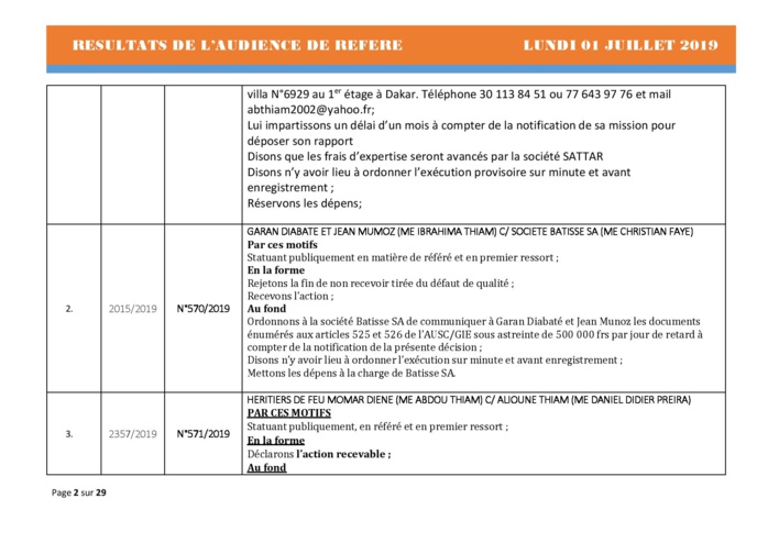 Délibérés Audiences des Référés du lundi 01 juillet 2019