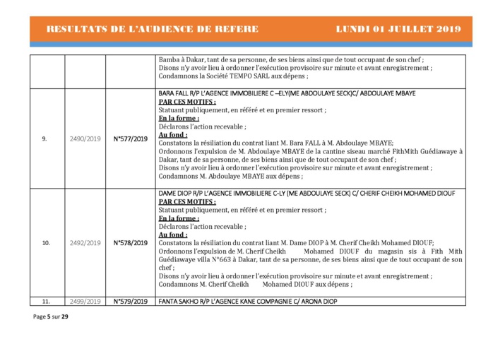 Délibérés Audiences des Référés du lundi 01 juillet 2019