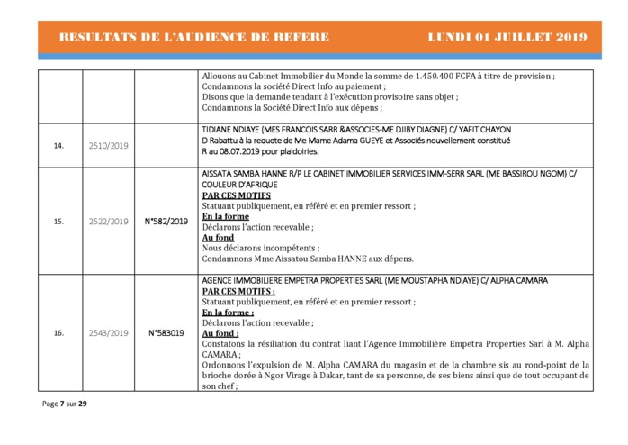 Délibérés Audiences des Référés du lundi 01 juillet 2019