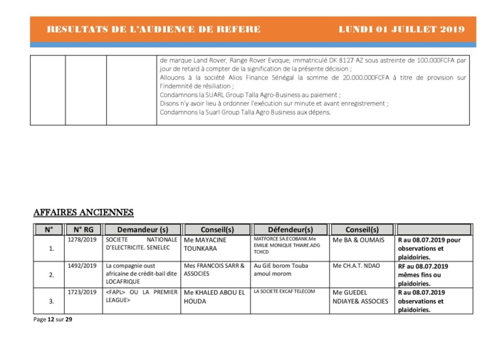 Délibérés Audiences des Référés du lundi 01 juillet 2019