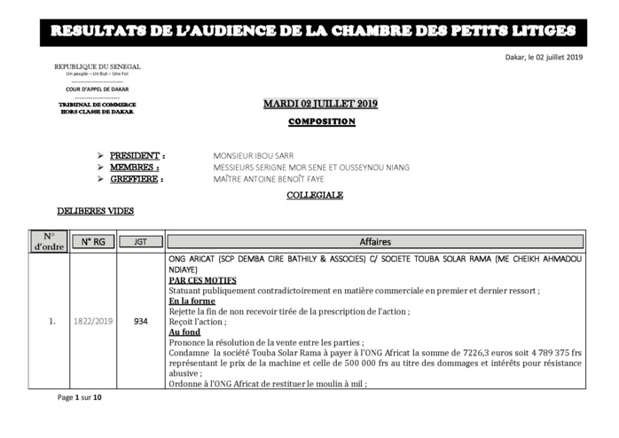 Tribunal du Commerce : Délibérés des Audiences de ce mardi 2 juillet 2019