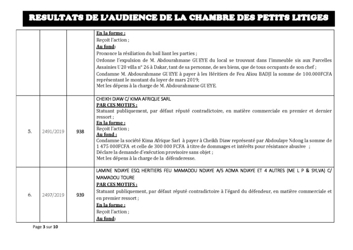 Tribunal du Commerce : Délibérés des Audiences de ce mardi 2 juillet 2019