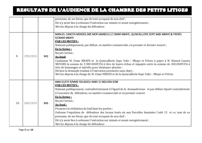 Tribunal du Commerce : Délibérés des Audiences de ce mardi 2 juillet 2019