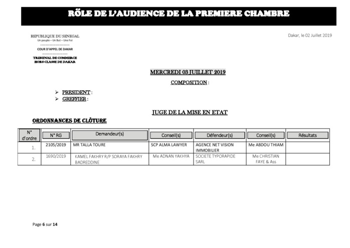 Tribunal du Commerce: Audiences de la Première Chambre de ce mercredi 3 juillet 2019