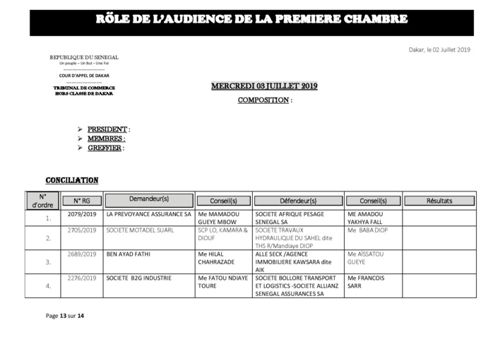 Tribunal du Commerce: Audiences de la Première Chambre de ce mercredi 3 juillet 2019