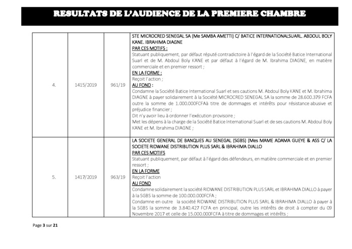 Tribunal du Commerce: Délibérés des Audiences de la Première Chambre du mercredi 3 juillet 2019